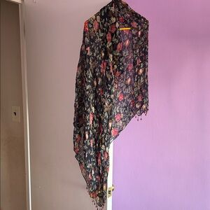Floral Patterned Scarf with Beaded Fringe